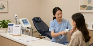 現代的なクリニックでプロフェッショナルな雰囲気の中、医療脱毛クリニックサービスについて学ぶクライアント。