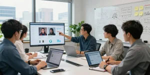 Detect AI image analysis in a modern tech office, showcasing a diverse team collaborating on content moderation.