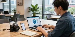 Digital nomad accessing telegram china usage with VPN in a modern workspace.