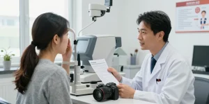 Patient discussing dry eye treatment options with an ophthalmologist in a bright healthcare setting.