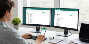 Professional using WhatsApp網頁版 on desktop setup, displaying chat threads and productivity tools.