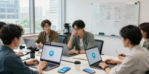 Collaborating professionals accessing Telegram in China using VPN in a modern tech workspace.