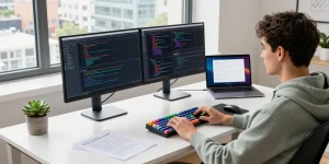 Developer showcasing 快连 app features in a modern workspace with vibrant code and analytics.