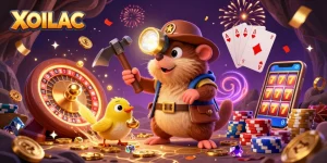 Experience the excitement of XOILAC as the treasure hunter mole mines for golden gems amidst a vibrant casino atmosphere.