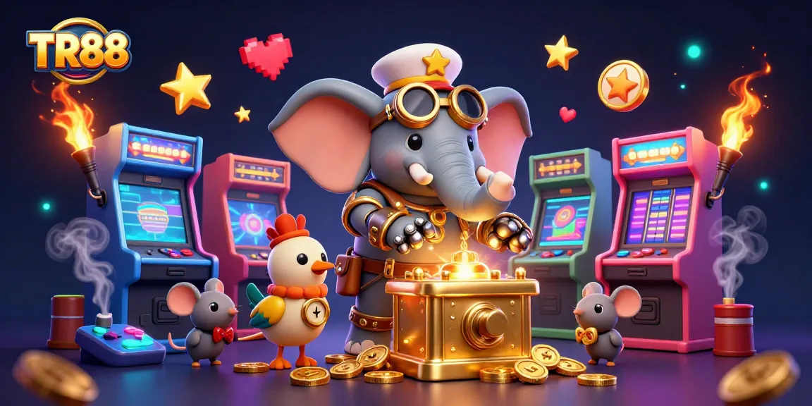 Experience TR88's vibrant gaming action with a steampunk elephant at the slots amidst a dazzling casino.