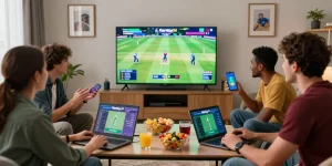 Friends enjoying live cricket betting on Fairplay24 in a modern living room.