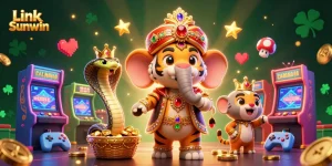 Engage with Link Sunwin in this colorful 3D casino illustration featuring vibrant characters and gaming elements.