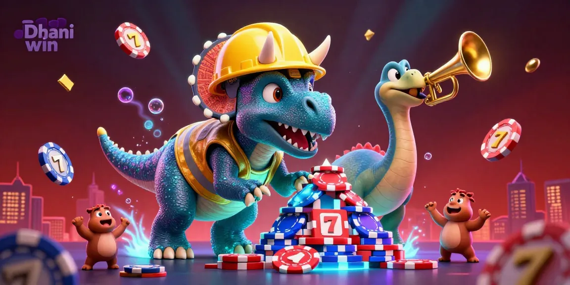 Dhani win scene featuring a joyful triceratops and celebratory parasaurolophus among dynamic gambling elements.
