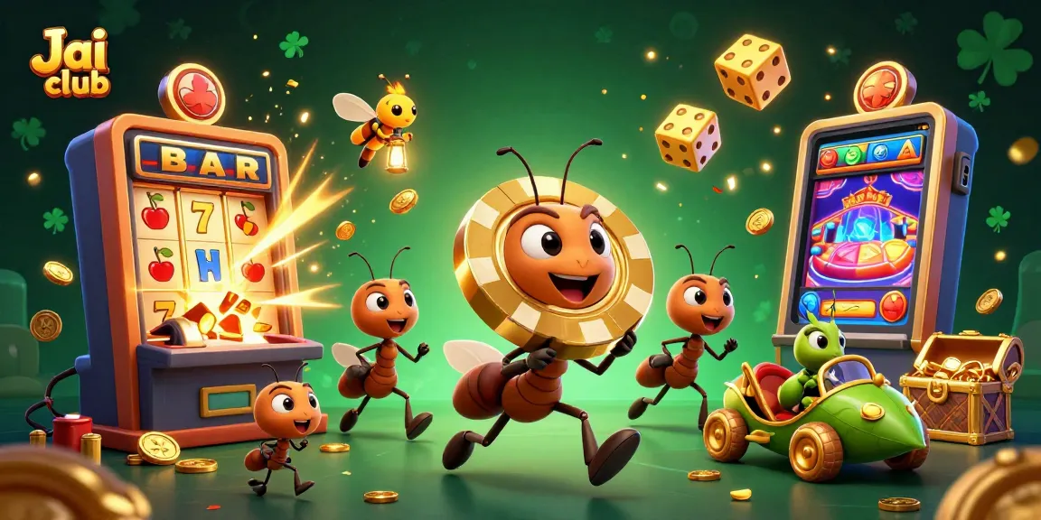 Join the action on Jai club as cartoon ants carry a giant poker chip amid vibrant casino elements.