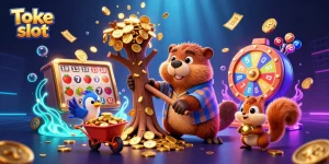 Toke slot features a cartoon lumberjack beaver collecting coins amidst vibrant casino elements.