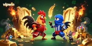 Engage with vipwin's thrilling gameplay featuring epic roosters in a dramatic casino showdown.