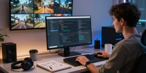 Developer optimizing FiveM QBox Scripts in a modern workspace with coding tools and gameplay visuals.
