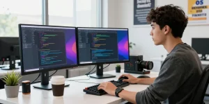 Developer coding with the 纸飞机中文版 interface on dual monitors in a vibrant tech workspace.