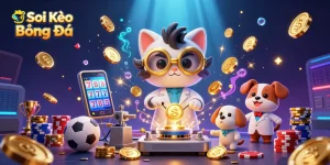 Soi Kèo Bóng Đá dynamically captures a thrilling sports betting scene with vibrant characters and coins.