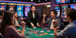 Mildcasino Live Taruhan Online with professional dealers and joyful players celebrating in an authentic live casino atmosphere.