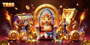Engaging TR88 casino scene with a fierce hamster king on a shark tooth throne, surrounded by treasures.