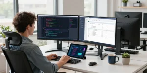 Developer coding complex algorithms at a modern workspace for teiegramin.com