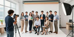 Servizio Fotografico Aziendale: team professionale posando per un ritratto aziendale in uno studio luminoso.