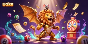 Engage in thrilling gameplay at UG88, featuring a mythical chimera and vibrant casino elements.