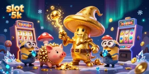 Engage with slot 5k magic featuring a golden mushroom wizard and vibrant casino elements.