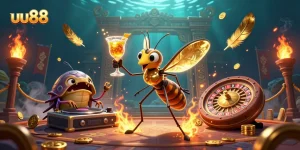 uu88 showcases vibrant casino energy with a frozen mosquito mascot and trilobite DJ in a dynamic 3D scene.