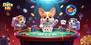 Play exciting Data Hk games in a futuristic casino scene with floating poker elements and characters.