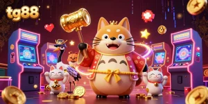 Spin to win with tg88 in a colorful 3D casino-themed illustration featuring dynamic game elements.