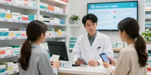 Pharmacist guiding customers on ivermectin dosage for humans in a well-organized pharmacy setting.