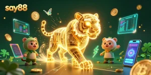 Engage in thrilling slots and games at say88 with vibrant, neon visuals and dynamic casino elements.