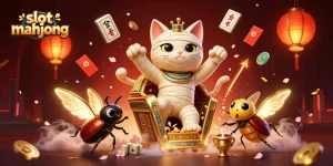 Experience the excitement of slot mahjong with colorful characters and golden casino elements.