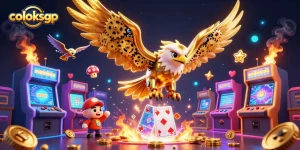 Experience thrilling gameplay with coloksgp as the cybernetic eagle soars through holographic cards and glowing gaming elements.