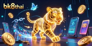 Experience the thrilling action of bk8thai with a neon light tiger in a vibrant casino landscape.