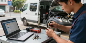 Expert locksmith diagnosing a contactslot probleem in a car's ignition system using professional tools in a mobile workshop.