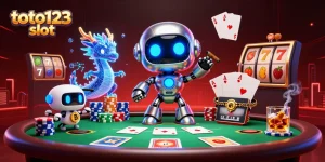 Toto123 slot showcases a colorful 3D scene with a robot mascot and a bitcoin-themed drone.