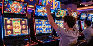 Menampilkan pemain slot di Diana4D yang merayakan kemenangan besar dengan antusias, dikelilingi oleh grafis permainan slot yang colorful.