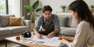 General contracting consultation with a client in a beautifully designed living room, showcasing professional teamwork.