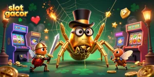 Permainan slot gacor menampilkan tarantula emas raksasa dan ksatria beetle di kasino yang penuh warna.