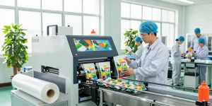 Flat bottom bags production line with eco-friendly materials in a modern facility.
