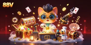 The 88VV casino, featuring a mad scientist cat and a dog assistant, creates gold coins amid a vibrant underwater scene.