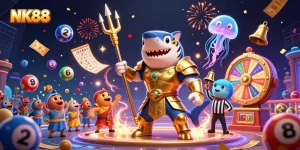 Experience excitement with NK88's animated lottery action featuring a dynamic shark gladiator scene.