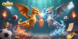 Bet on the thrilling QS88 platform featuring dynamic dragons and vibrant gaming elements.