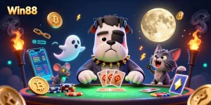 Win88 showcases a lively 3D casino scene with a cartoon bulldog and werewolf kitten amidst vibrant gaming elements.