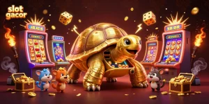 Engage with slot gacor thrills in an exciting 3D casino scene featuring vibrant games and characters.