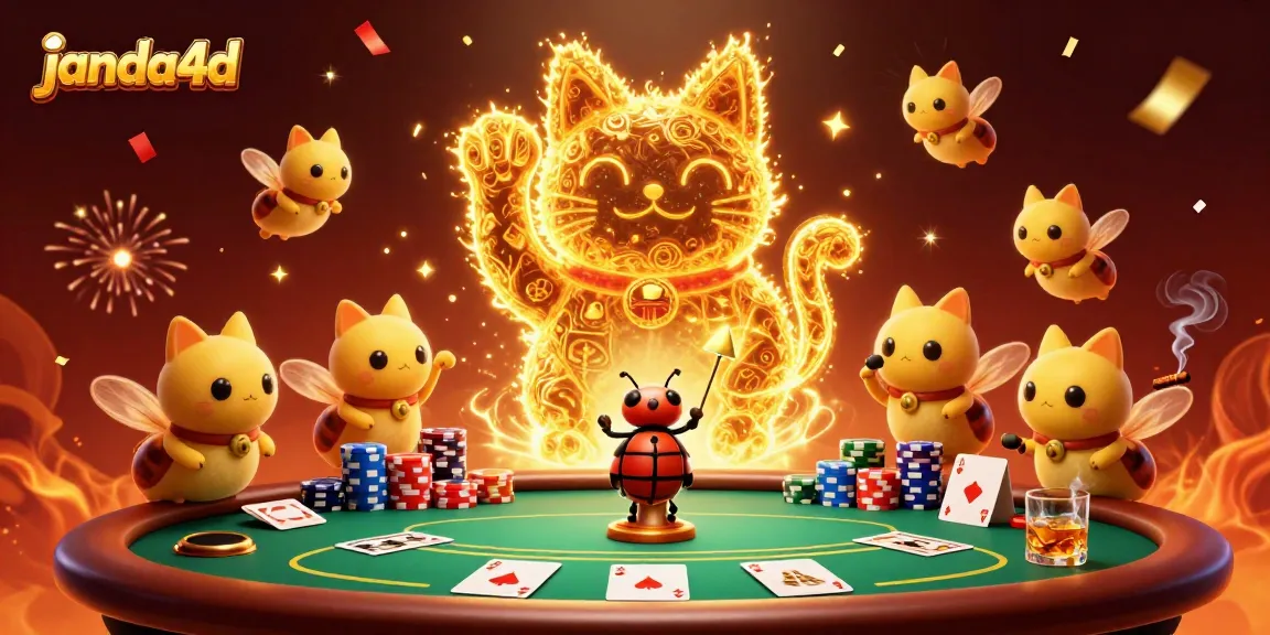 Permainan kasino janda4d dengan kucing keberuntungan dan pelangi chip poker yang meriah.