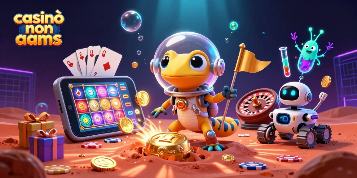 Scopri il casinò non AAMS: un gecko marziano esplora un casinò dorato nel deserto rosso.