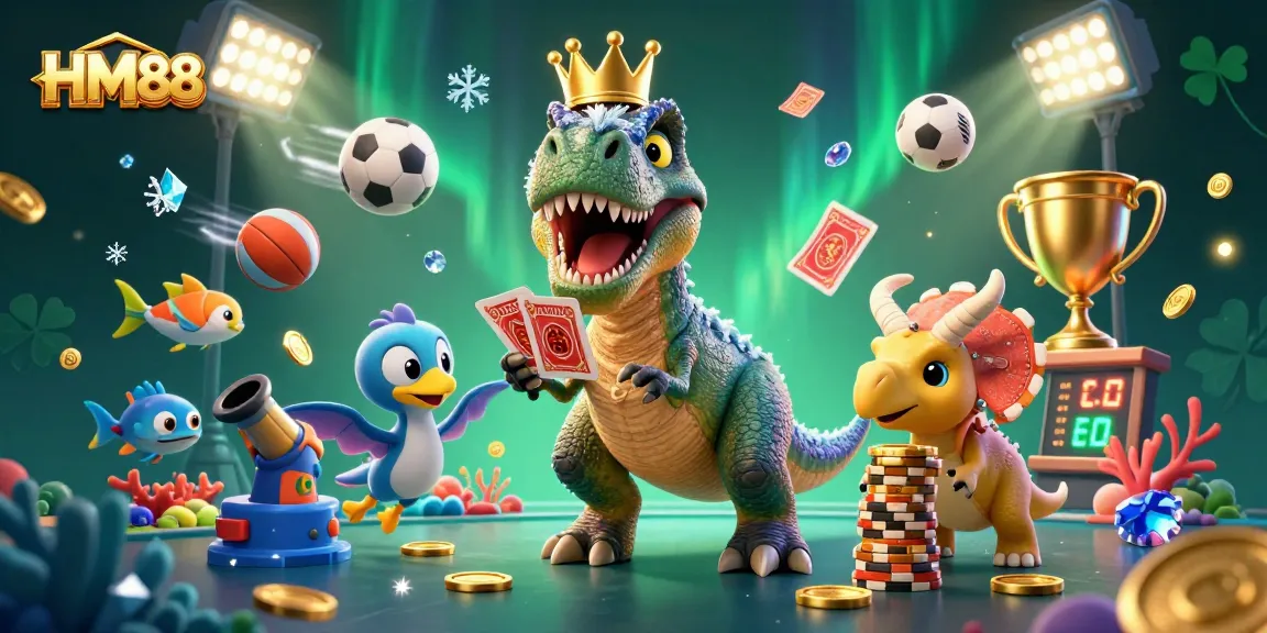 Experience the excitement of HM88 with a vibrant casino scene featuring playful dinosaurs and fishing game elements.
