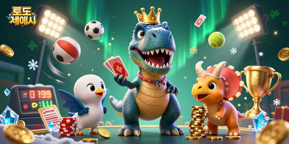 Engaging scene showing a friendly T-Rex shuffling cards with the help of a pterodactyl as sports elements and a baby triceratops stack chips, emphasizing 토토사이트 excitement.