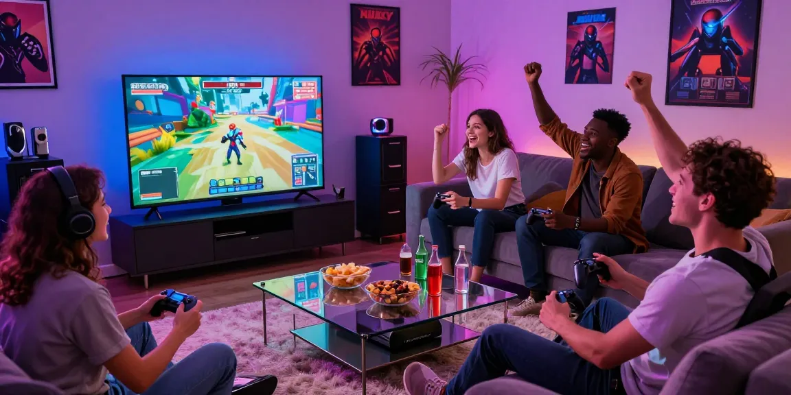 Friends enjoying indo cair games in a modern living room with interactive screens.