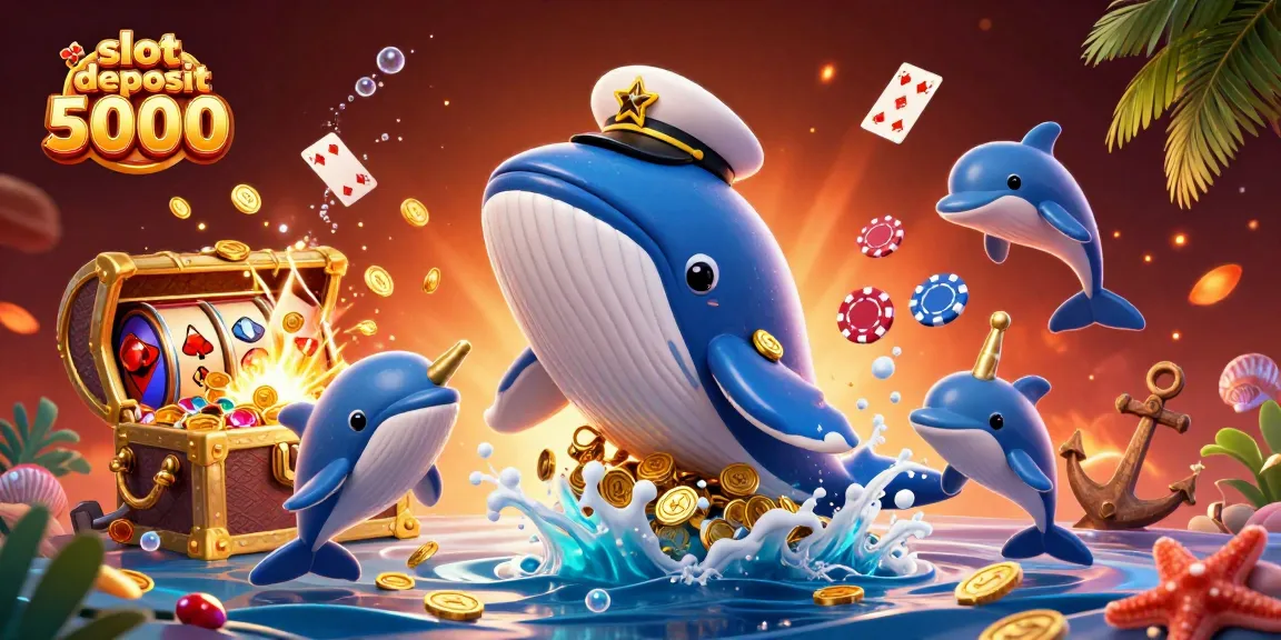 Experience the thrill of slot deposit 5000 with a dynamic scene featuring a playful 3D whale, narwhal, and dolphins.