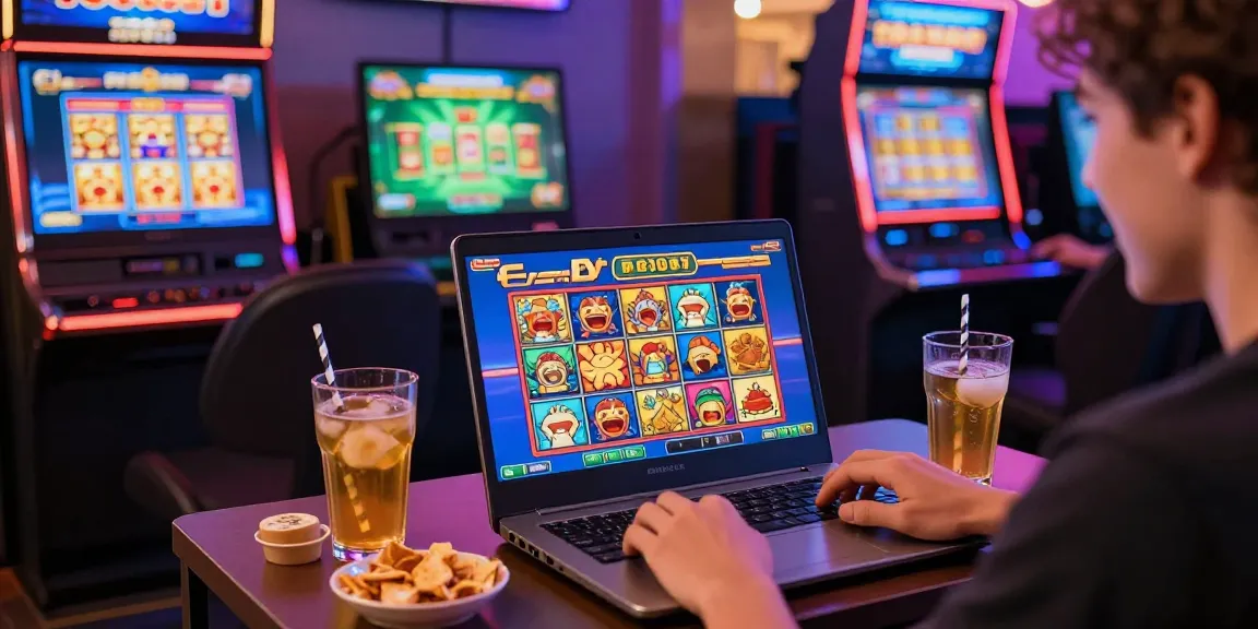 Pengguna bersemangat memainkan game toto slot dengan laptop dan makanan ringan di meja.